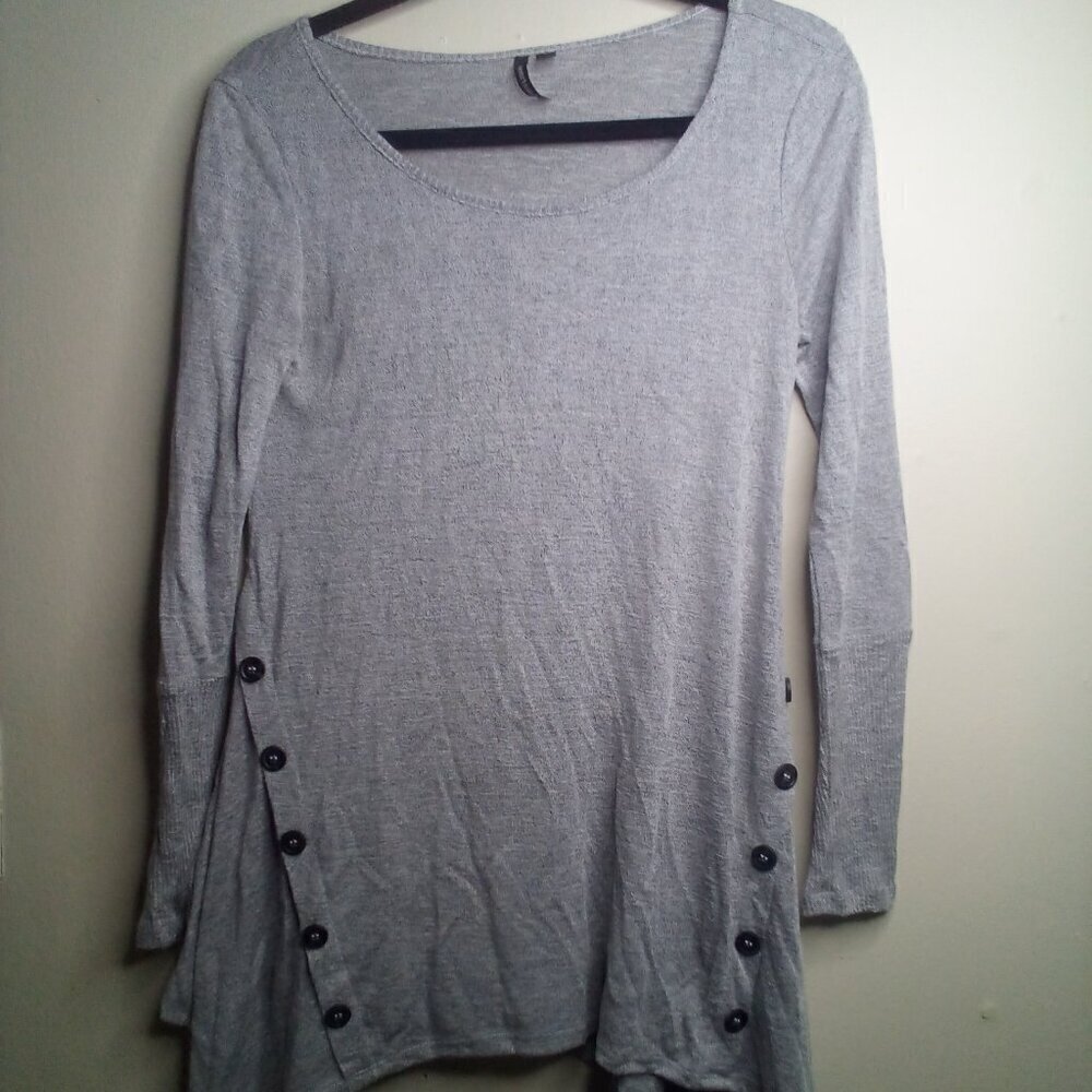 Heart Soul Shirt S Long Sleeve Asymmetrical Hem Decorative Buttons Gray